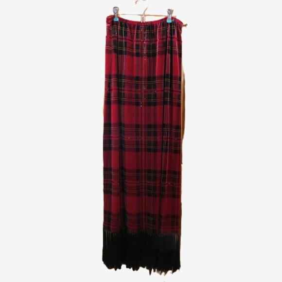 Ronnie Nicole Red & Black Plaid Skirt Midi Velvet Beading Fringe Size Medium - Picture 1 of 9